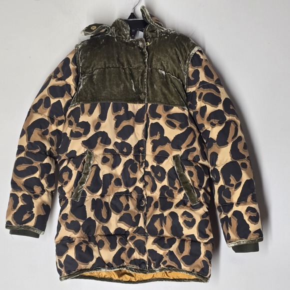 Scotch & Soda R'Belle Girls Jacket 10 Leopard Print Puffer Coat Velvet Trim - Picture 1 of 9